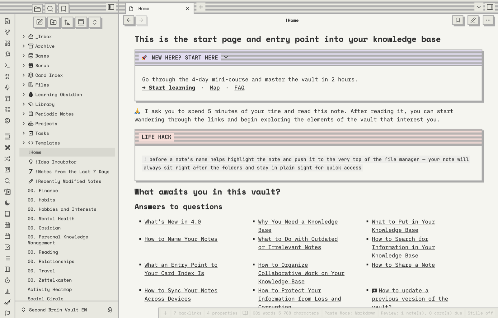 Start page of the vault in Obsidian