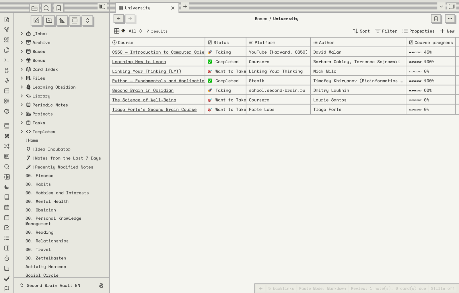 University view — course tracker built on Obsidian Bases