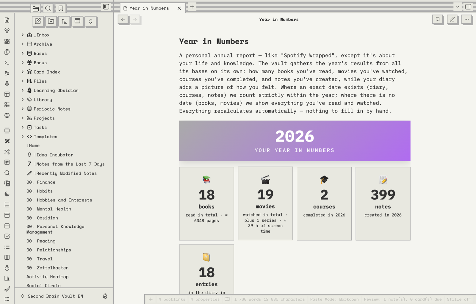 Year in Numbers view — annual statistics computed from your notes